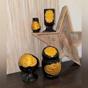 Vintage Chinese Black LAQUERWARE Gold Gilt Vanity or desk Set